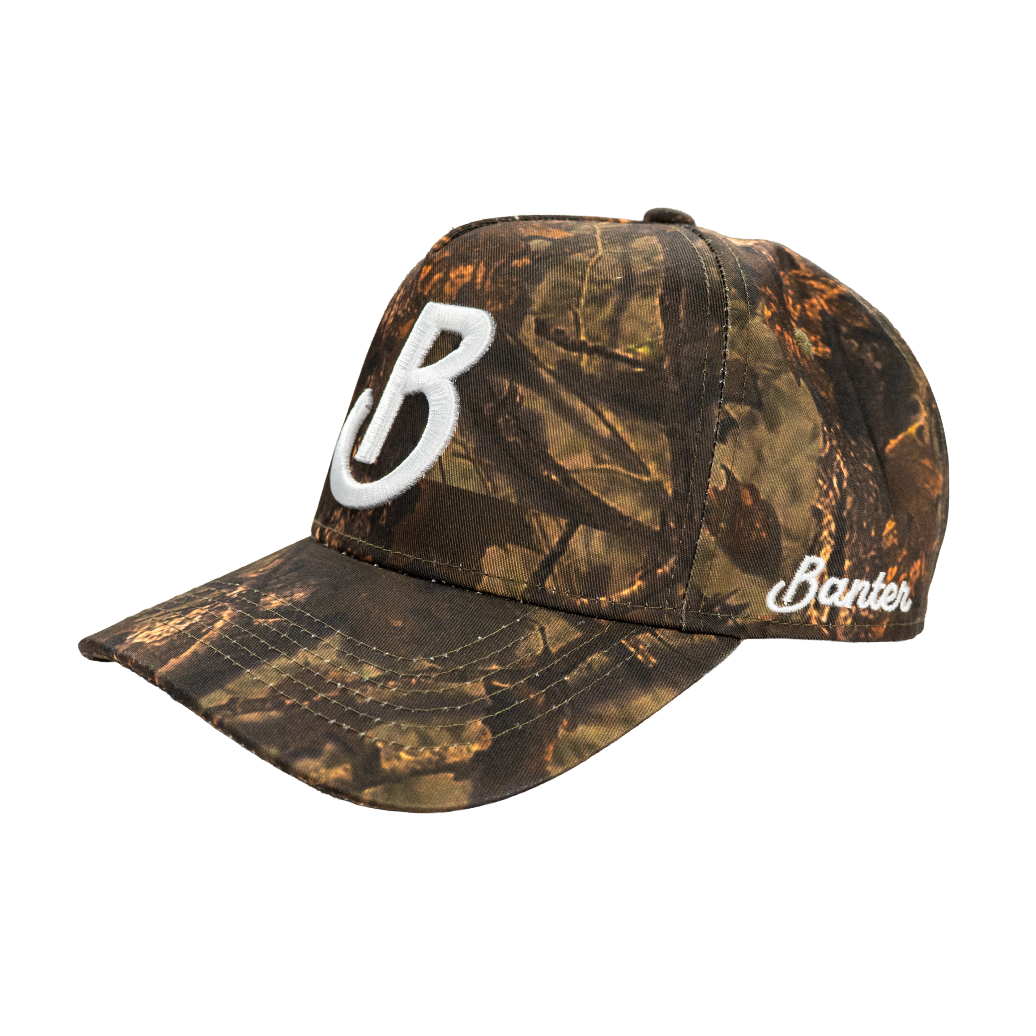 Banter Golf OB Icon Hat in Camouflage — side view, Banter script embroidery