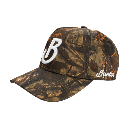 Banter Golf OB Icon Hat in Camouflage — side view, Banter script embroidery